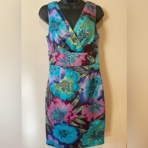 Calvin Klein Dresses & Skirts - NWOT Calvin Klein Tropical Blue & Pink Floral Satin sleeveless midi dress. Small